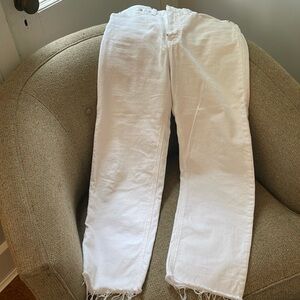 Classic white jeans; slightly cropped: fringed hem
